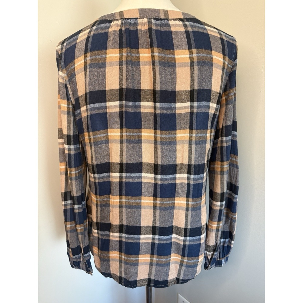 Liverpool Plaid Button Up Peasant Blouse Top Navy Blue Tan Tassel Tie S Small - Picture 4 of 9